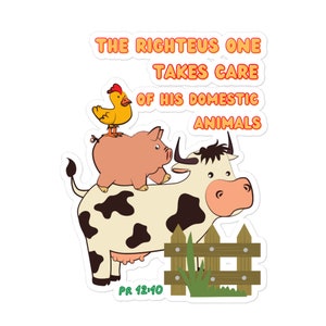 Cuidado de animales. Ganado divertido Pr 12:10 Religioso, diseño cristiano, pegatinas sin burbujas, comprar 5 obtener envío gratis