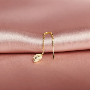 Dainty Leaf Threader Earring in Gold, Threader Earrings for Women, Sterling Silver Threader, Threaded Earrings, Gift for Her