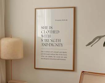 Proverbs 31:25-26 Wall Art, She is clothed with Strength and Dignity, Women Bible Verse Print, Christian Mothers Day Gift, Digital Download