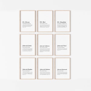 Set of 9 Hebrew Names of God Wall Art Print, Minimalist Bible Verse, Christian Home Decor, El Roi, El Shaddai, Jehovah Jireh, Jehovah Shalom