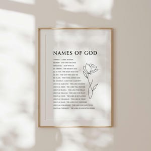 Nomi di Dio, poster floreale stampabile da parete, poster biblico dei nomi di Dio, decorazione murale cristiana, arte minimalista, download digitale neutro