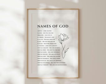 Names of God Floral Printable Wall Art, Biblical Names of God Poster, Christian Wall Decor, Minimalist Line Art, Neutral Digital Download