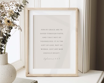 Versetto biblico Efesini 2:8-9, stampa artistica cristiana da parete (download digitale)