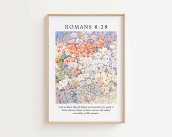 Romans 8:28 Floral Bible Verse Print, Christian Wall Art (Digital Download)