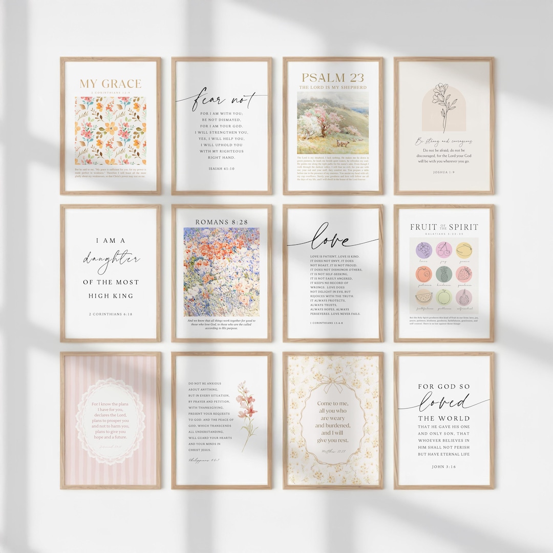 Christian Wall Art Set of 12, Bible Verse Bundle Prints, Neutral Floral ...