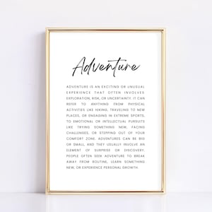 Abenteuer Definition Druck Wandkunst | Minimalistisches Typografie-Zitat Poster | Inspirierendes Reise-Dekor | Modernes neutrales Wohndekor druckbar