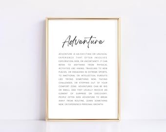 Art mural imprimé définition aventure | Affiche de citation de typographie minimaliste | Décoration de voyage inspirante | Décoration d'intérieur neutre moderne à imprimer
