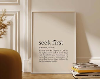 Matteus 6:33-34 Sök först Guds rike, Bibelversväggkonst, kristen heminredning, kristen väggkonst, digital nedladdning