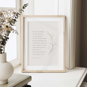 May include: A printable wall art print with a white background and black text. The text reads "Do not conform to the pattern of this world, but be transformed by the renewing of your mind. Then you will be able to test and approve what God's will is - His good, pleasing and perfect will. Romans 12:2"