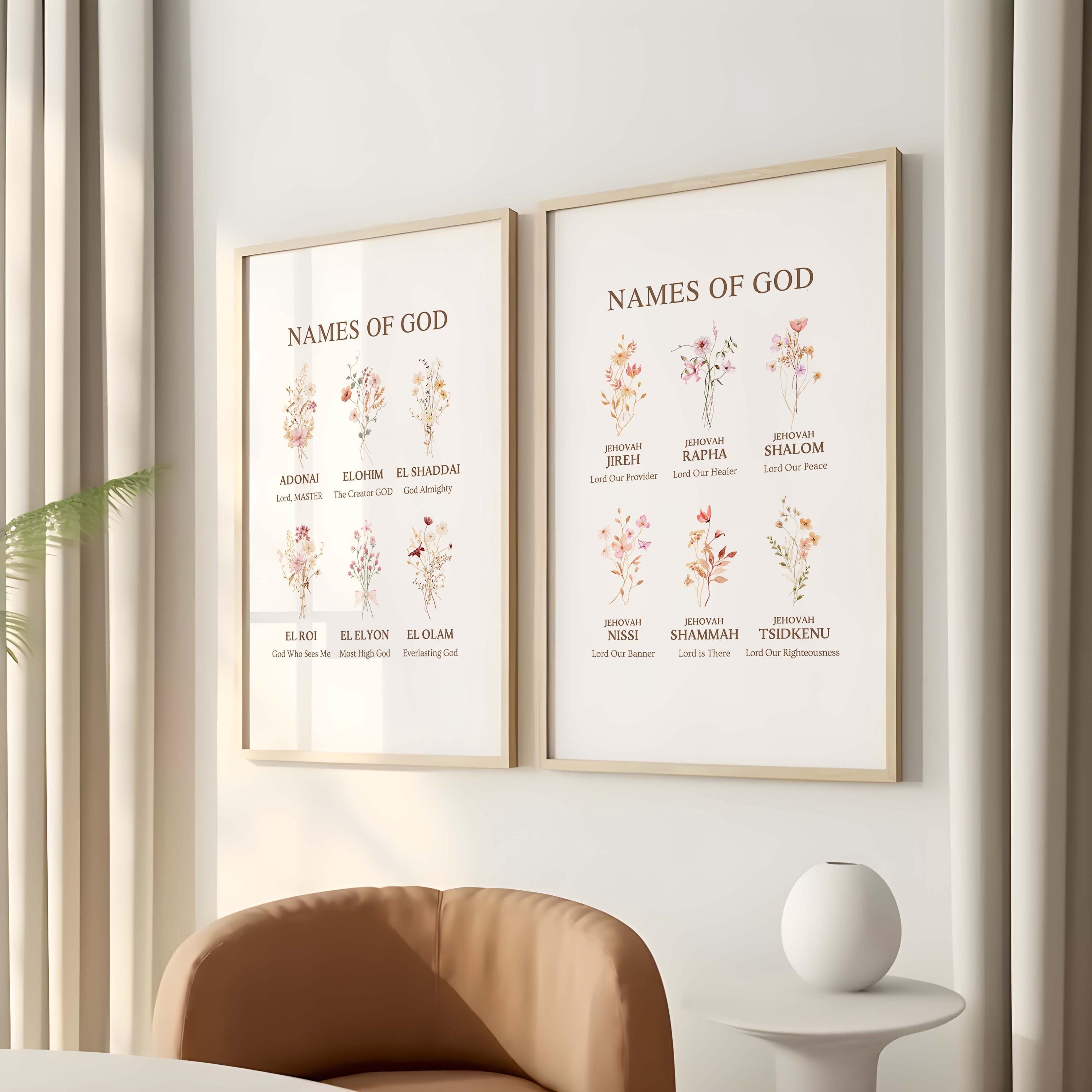 Set of 2 Hebrew Names of God Wall Art Print, Floral Bible Verse Set ...