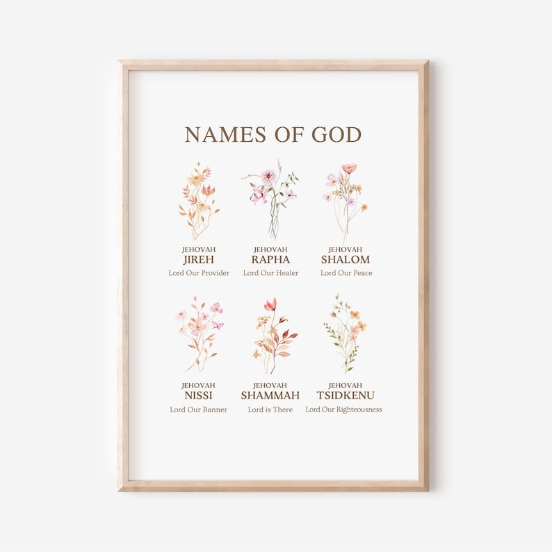 Set of 2 Hebrew Names of God Wall Art Print, Floral Bible Verse Set ...