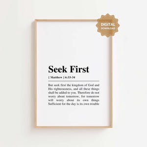 Matthew 6:33-34 Seek First the Kingdom of God, Bible Verse Wall Art, Christian Home Décor, Christian Wall Art Printable, Scripture Printable