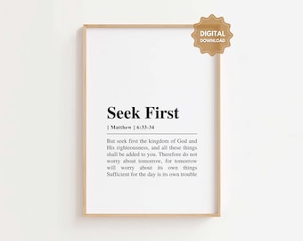 Matthew 6:33-34 Seek First the Kingdom of God, Bible Verse Wall Art, Christian Home Décor, Christian Wall Art Printable, Scripture Printable