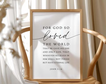 John 3:16 For God so loved the world, Eternal Life, Bible Verse Print, Christian Wall Art, Church Wall Decor Printable, Digital Download