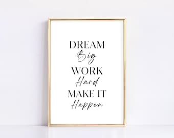 Dream Big Work Hard Make It Happen Wall Art | Motivational Quote Print | Modern Minimalist Typography Decor | Home Office Decor