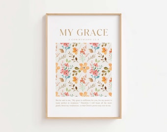 2 Corintios 12:9 Lámina decorativa para pared, Mi gracia te basta, Lámina con versículo bíblico floral, Decoración cristiana para el hogar, Descarga digital