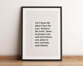 Jeremia 29:11 want ik ken de plannen, bijbelvers muurkunst, doopcadeau, christelijke muurkunst print, schrift afdrukbaar, digitale download
