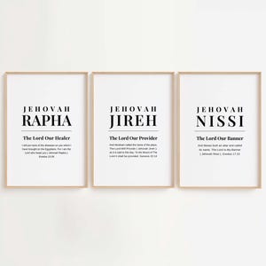 Set of 3 Hebrew Names of God Wall Art Print, Minimalist Bible Verse, Christian Home Decor, Jehovah Jireh, Jehovah Rapha, Jehovah Shalom