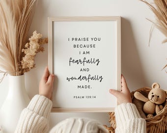 Psalm 139:14 Printable Wall Art | Fearfully and Wonderfully Made | Christian Nursery Decor | Scripture Bible Verse Print | Instant Download
