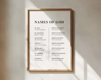 Hebrew Names of God Wall Art Print, Minimalist Bible Verse, Christian Home Decor, El Roi, El Shaddai, Jehovah Jireh, Jehovah Shalom