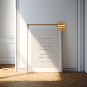 May include: A printable wall art print with a beige background and black text. The text reads "Through wisdom a house is built. And by understanding it is established: By knowledge the rooms are filled with all precious and pleasant riches. Proverbs 24:3-4".