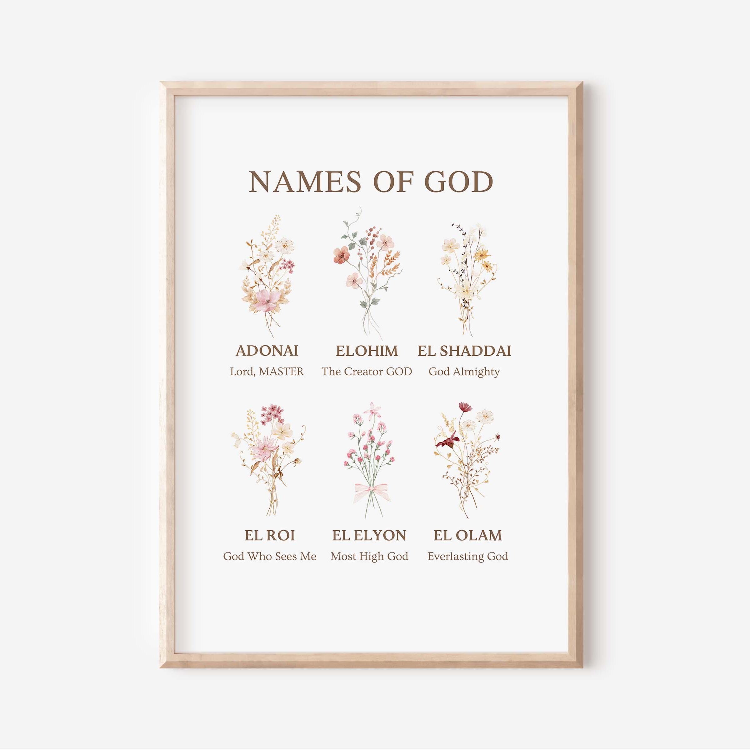 Set of 2 Hebrew Names of God Wall Art Print, Floral Bible Verse Set ...