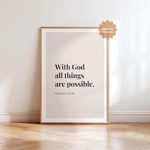 Matthew 19:26 With God All Things Are Possible Bible Verse Wall Art, Minimalist Scripture Wall Art, Modern Christian Wall Art