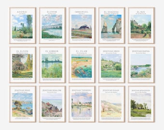 15 Hebrew Names of God Wall Art Prints: Vintage Bible Verse Set (Digital Download)