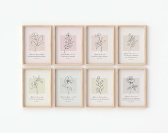 Beatitudes Floral Line Art Prints, Matthew 5:3-10, Set of 8 (Digital Download)
