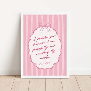 Psalm 139: 14 NIV Ich bin ängstlich und wunderbar gemacht, Kindergarten Bibel Vers Wandkunst, rosa christlicher Baby Mädchen Kindergarten Druck, Mädchen Bibel Kunst