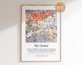 2 Corintios 12:9 Mi gracia te basta, Arte mural cristiano, Arte con versículo bíblico floral, Descarga digital, Escritura imprimible