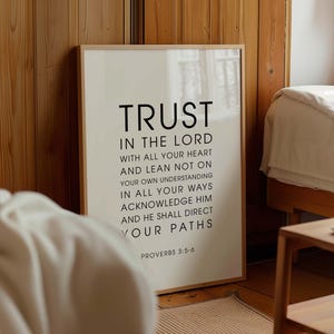 Confía en el Señor (imprimible), versículo bíblico de Proverbios 3:5-6, decoración minimalista para el hogar, descarga digital.