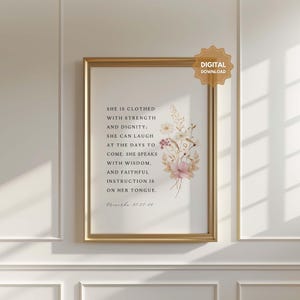 Spreuken 31:25-26 Bloemen bijbelvers afdrukbaar (digitale download)