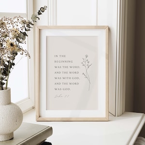 John 1:1 Bible Verse Wall Art Printable, In the Beginning Was the Word, Christian Home Decor, Neutral Faith Print, Digital Download