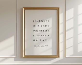 Psalm 119:105 Wall Art, Your Word Is a Lamp, Christian Bible Verse Printable, Minimalist Scripture Decor