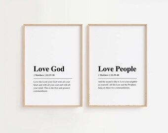 Matthäus 22: 36-40 NIV Liebe Gott, Liebe Menschen, Bibel Vers Wandkunst, Schrift Wandkunst, 2er Set Schrift druckbar, Kirchen Wanddekoration