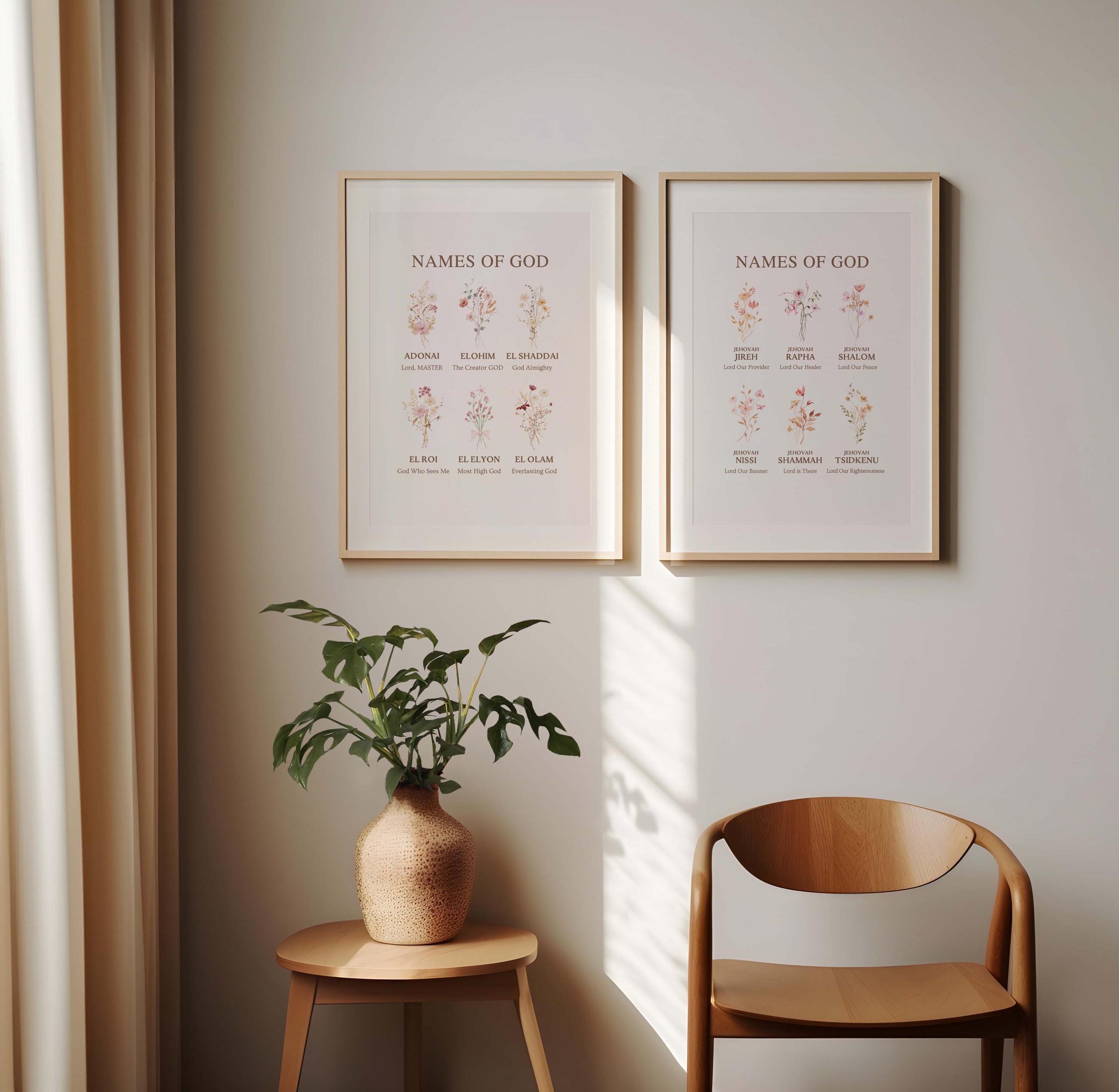 Set of 2 Hebrew Names of God Wall Art Print, Floral Bible Verse Set ...