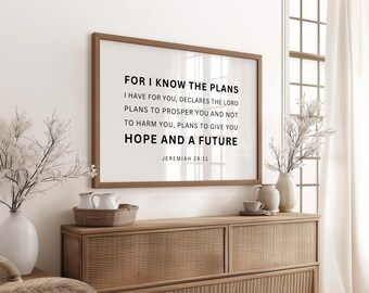 Jeremia 29:11 want ik ken de plannen, schriftafdruk, hoop en toekomst, bijbelvers muurkunst, christelijk interieur, digitale download
