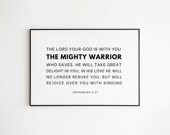 Zephaniah 3:17 NIV The Lord Your God Is With You, The Mighty Warrior, Christian Horizontal Wall Art, Scripture Print, Bible Verse Digital