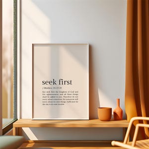 Matthew 6:33-34 Seek First the Kingdom of God, Bible Verse Wall Art, Christian Home Decor, Christian Wall Art, Digital Download image 3
