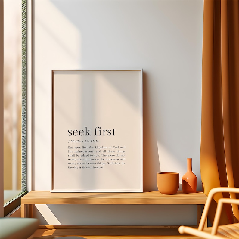 Matthew 6:33-34 Seek First the Kingdom of God, Bible Verse Wall Art, Christian Home Decor, Christian Wall Art, Digital Download image 3