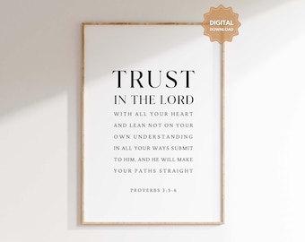 Proverbios 3:5-6 NVI Confía en el Señor con todo tu corazón, Impresión de arte mural con versículo bíblico, Arte mural cristiano, Impresión digital con descarga de las Escrituras