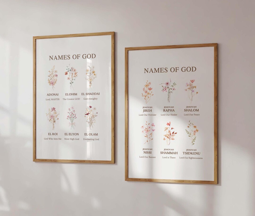 Set of 2 Hebrew Names of God Wall Art Print, Floral Bible Verse Set ...