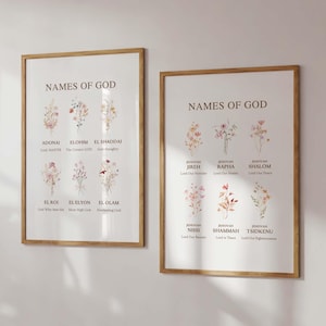 Conjunto de 2 impresiones artísticas de pared con los nombres hebreos de Dios, versículos bíblicos florales, decoración cristiana para el hogar, El Roi, El Shaddai, Jehová Jireh, Jehová Shalom