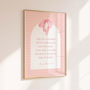 She Is Clothed With Strength, Proverbs 31:25, Christian Mother's Day Gift, Mom Scripture Print, Women Pink Bible Verse, Digital Download