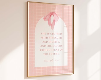 Ze is gekleed met kracht, Spreuken 31:25, christelijk Moederdagcadeau, moeder schriftafdruk, vrouwen roze bijbelvers, digitale download
