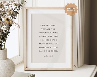 John 15:5 NKJV Abide in Me Bible Verse Wall Art Printable, Christian Modern Minimalist Scripture, Typography design, Bible Verse Printable