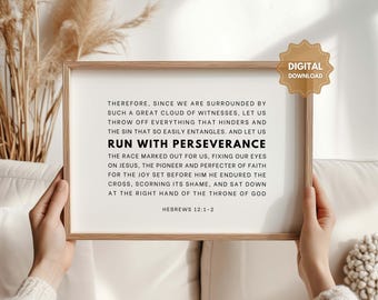 Hebrews 12:1-2 NIV Run with perseverance fix your eyes on Jesus Bible Verse Wall Art, Christian Home Decor, Scripture  Wall Art, Bible Quote