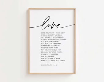 Love Is Patient Love Is Kind Wall Art, 1 Corinthians 13:4-8 Bible Verse Printable, Christian Wall Art, Scripture Print, Christian Wedding