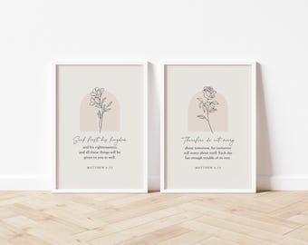 Matthew 6:33-34 Set of 2 Bible Verse Print, Christian Wall Art, Scripture Printable, Neutral Floral Christian Home Decor, Digital Download